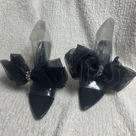 Azalea Wang clear plastic straps Black Heel sandals bow rhinestones accent SZ8.5 - Picture 2 of 10